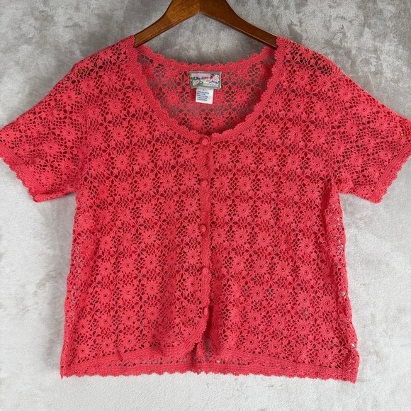 April Cornell Sweaters - vintage Crochet Cotton Cardigan April Cornell Pink Floral Short Sleeve Button L